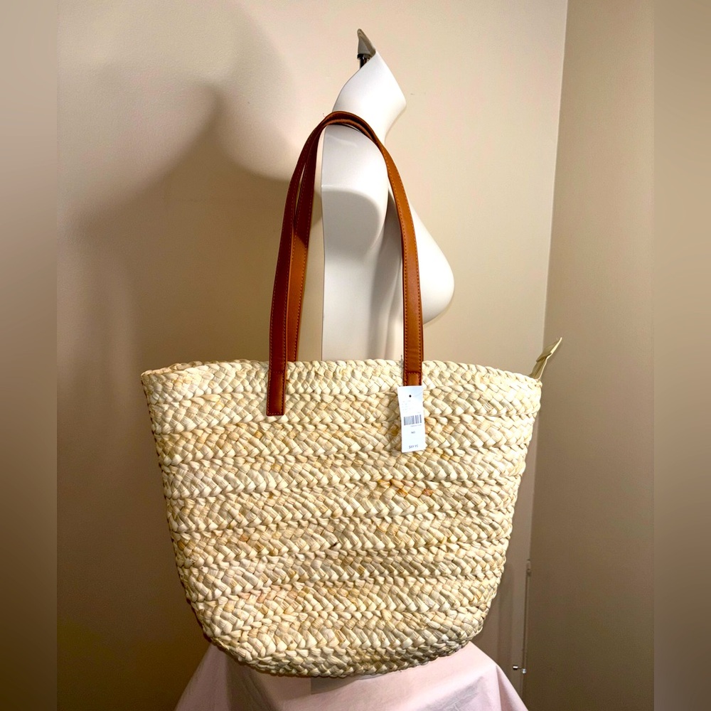 NWT Lane Bryant Elegant Cream Woven Tote Bag with Tan Straps